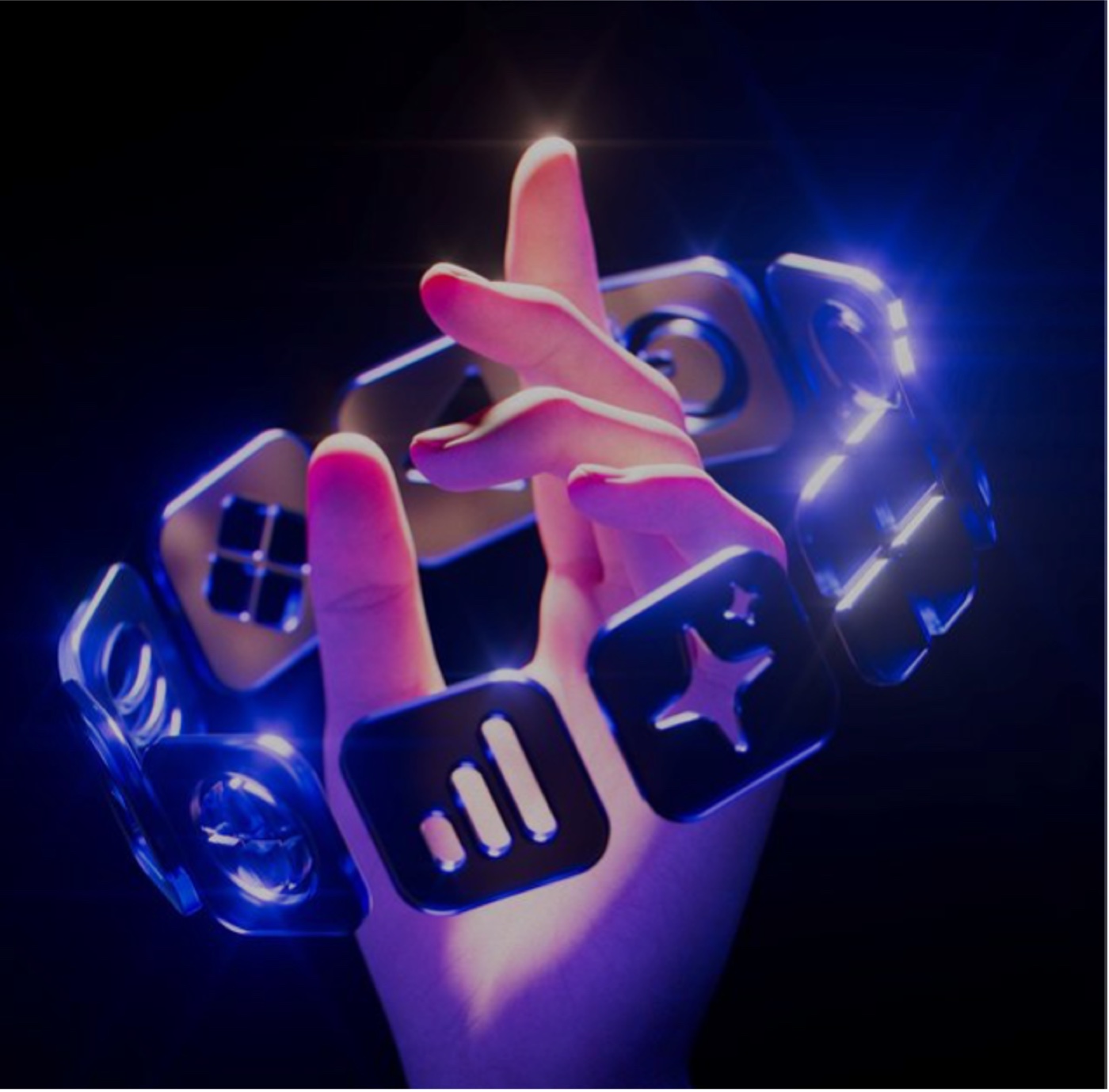 Hand interacting with illuminated digital interface controls