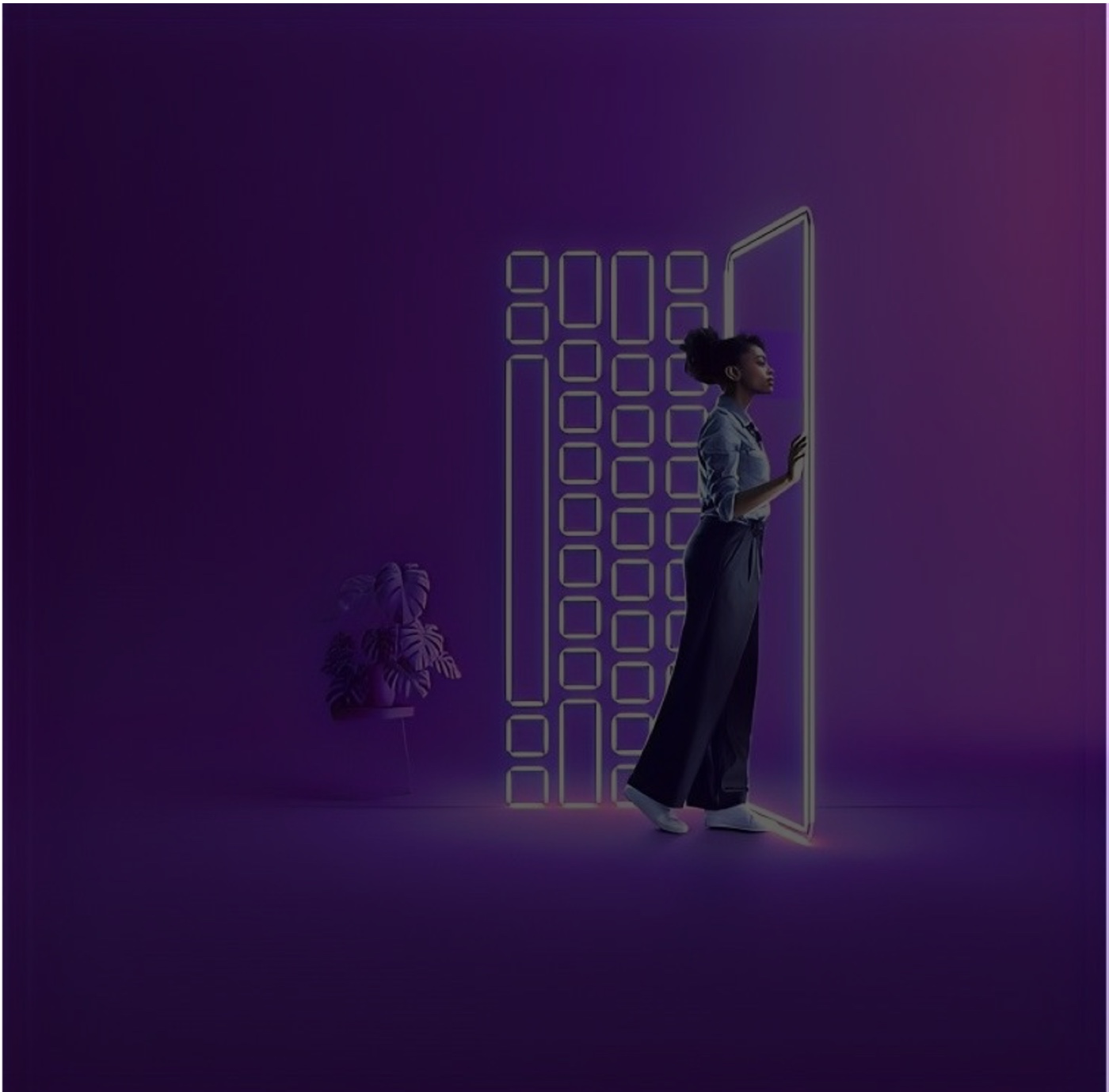 Woman stepping through a luminous digital doorway